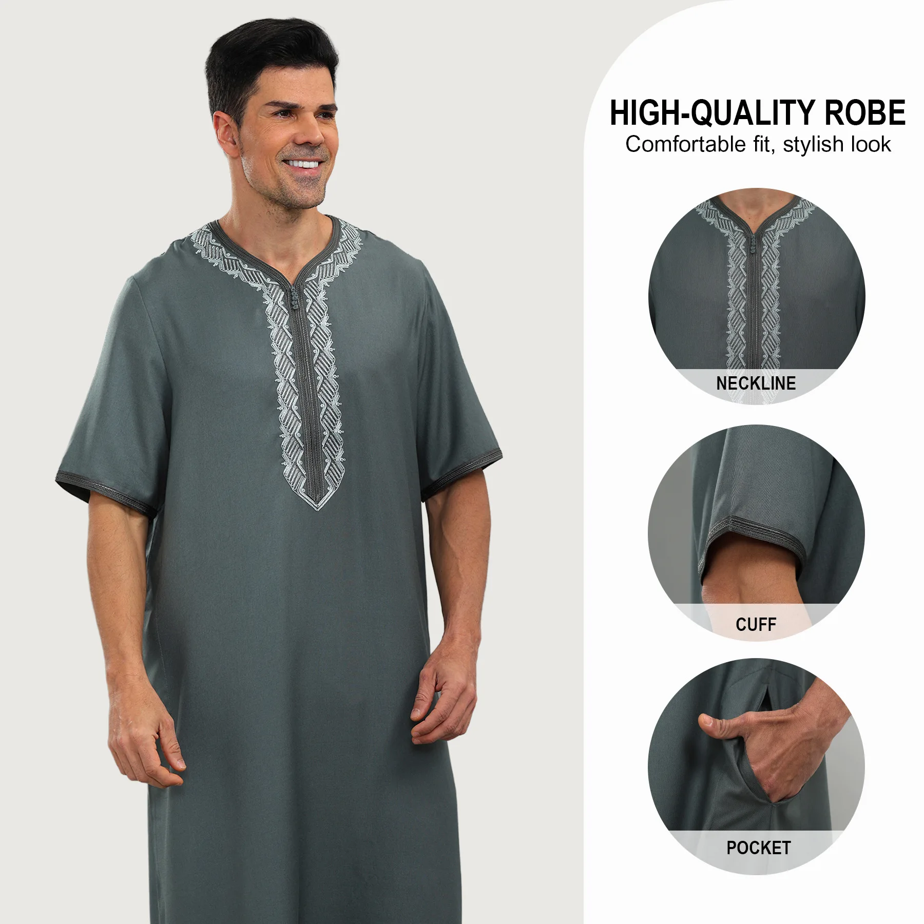 

Men's Embroidered Thobe Casual Short Sleeve Kaftan, Comfortable Breathable Muslim Robe Middle East Arab Islamic Abaya for Men