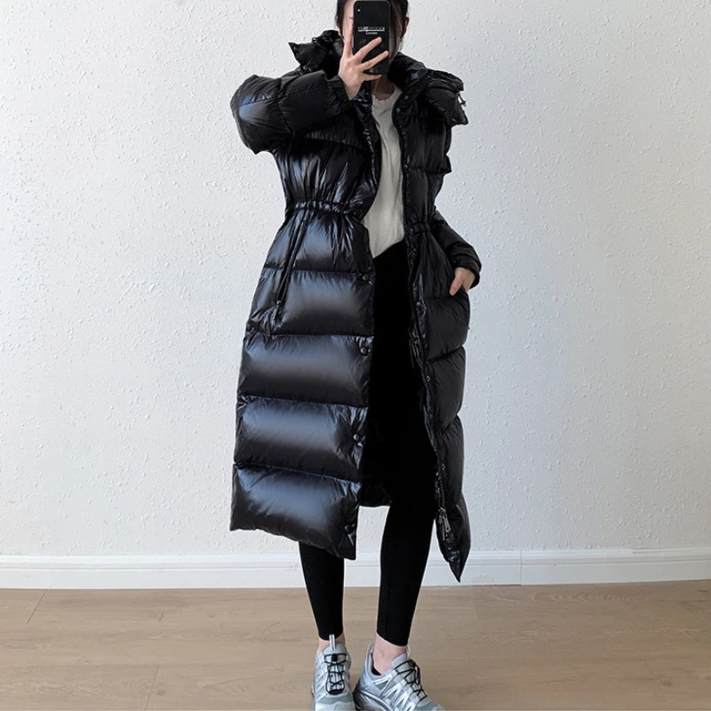 Women's Winter Jacket Long Coats Down Glossy Casual Slim Waist Down Jackets Thickened Windproof Hooded Snow Female Puffer Coats