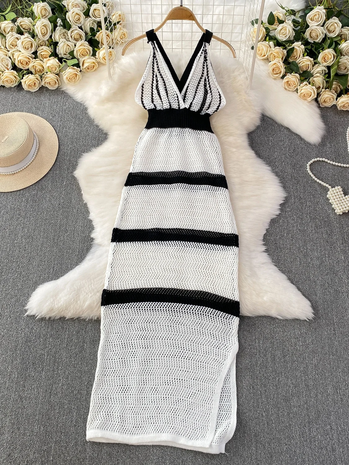 Vestido de Punto con Tirantes, Estilo Bohemio Vacacional, Bloques de Color, Escote en V, Aberturas, Espalda Descubierta, Cint...