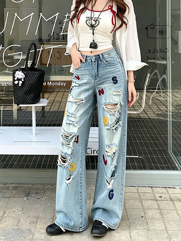 

High Waist Straight Leg Jeans Women's Fashion Retro Summer 2026 Destruction Lettering Versatile Slimming Design Sense