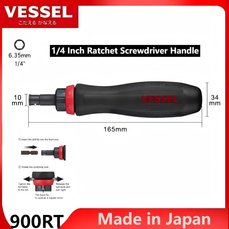 VESSEL 900RT/900RT-6C 1/8 Piece Quick Release Ratchet Screwdriver Set with Screwdriver Bit and Tool Kit, 1/4 Hex Universal Bit