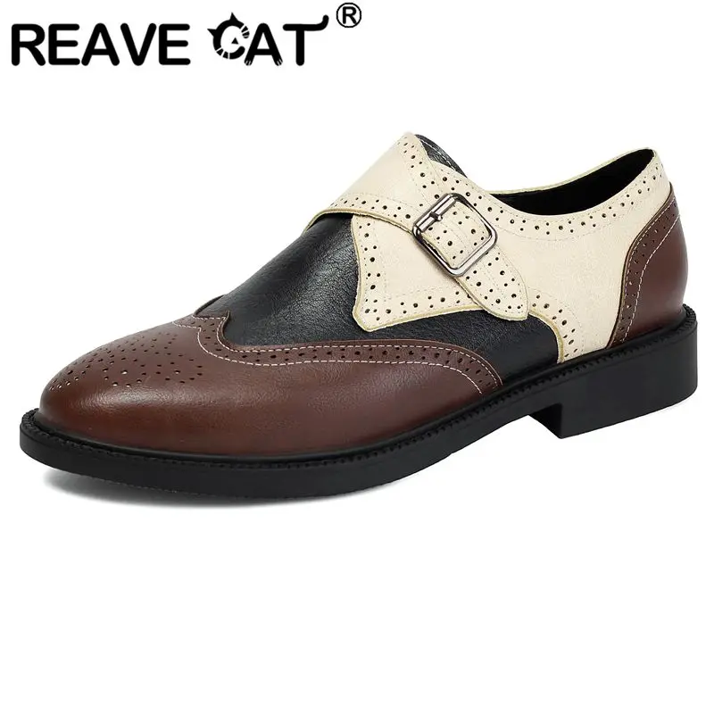 REAVE CAT Brown Female Male Flats Round Toe Slip On Belt Buckle Mixed Color Comfort Leisure Daily Shoes Footwear Plus Size 47 48