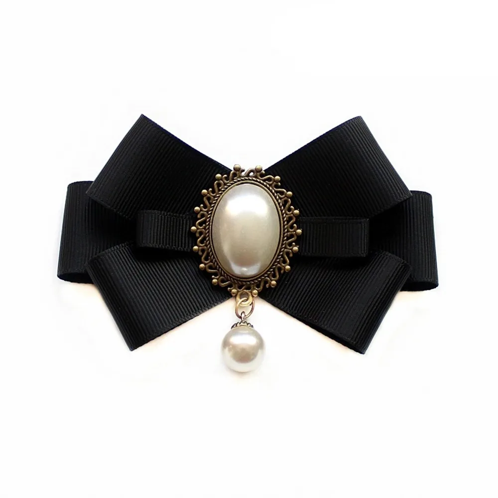 الأسود التذكاري الشريط الأسود Bowknot بروش البوليستر خمر كريستال الراين مجوهرات ربطة العنق الديكور دبوس النساء