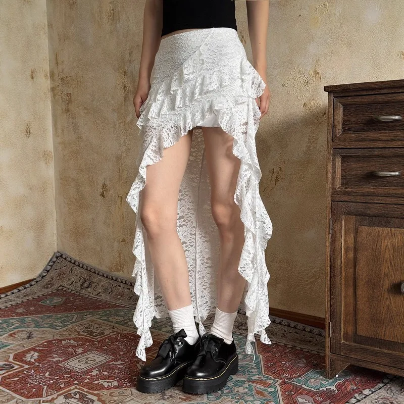 

2026 Summer Lace Streamer Irregular Women's Stacked Wear Ruffle Edge Hem Skirt Curtain Diagonal Edge Solid Color Mesh Skirt