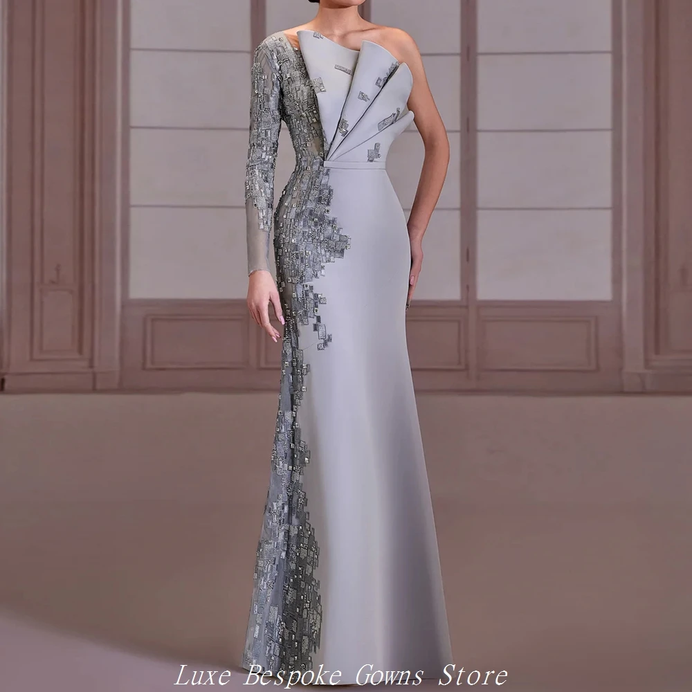 Women's Mermaid Evening Dresses Floor-length One-shoulder Full Sleeve Prom Dresses Fashion Sequined Draped Customized Gowns