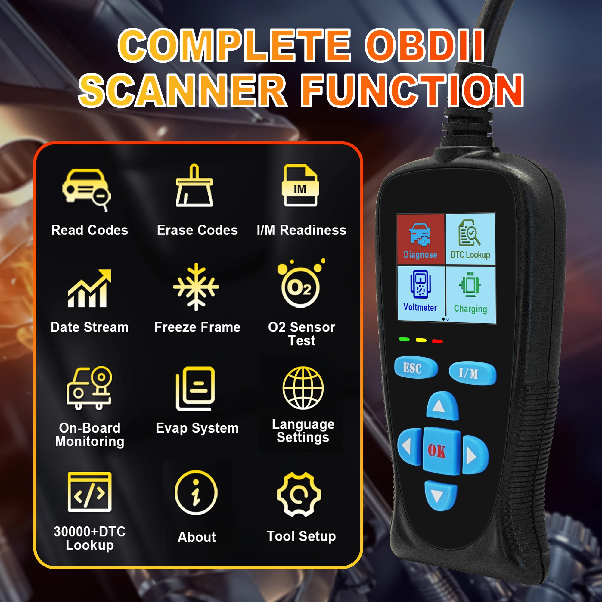 Professional OBD2 Scanner OBDII Car Diagnostic Tool Read Erase Fault Codes I/M Readiness Real-time Data Stream Freeze Frame Batt