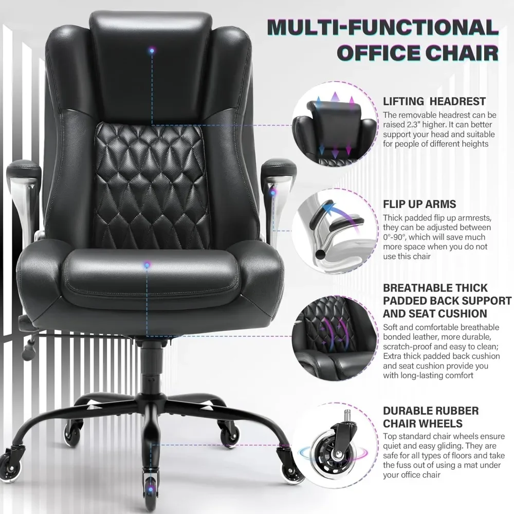 High Back Office Chair- Lifting Headrest Flip Arms Built-in Adjustable Lumbar Support, Executive Computer Desk Chair Ergonomic