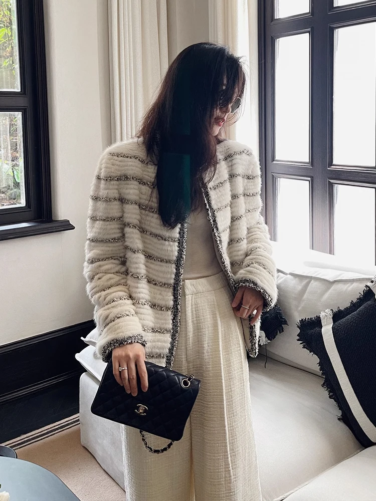 HDHOHR 2024 High Quality Natural Mink fur Coats Women knitting Mink Coats Warm Fashion Winter Genuine Mink Fur Jackets Female