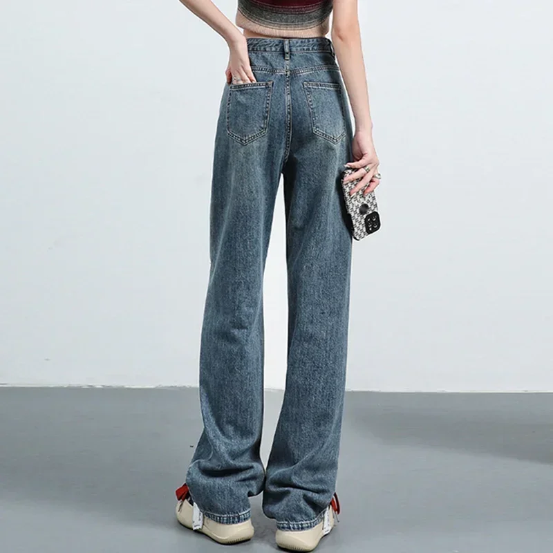 Women Retro Blue Black High Waist Wide Leg Jeans Lady Korean Style Straight Leg Denim Pants Fashion Streetwear Daily Trousers
