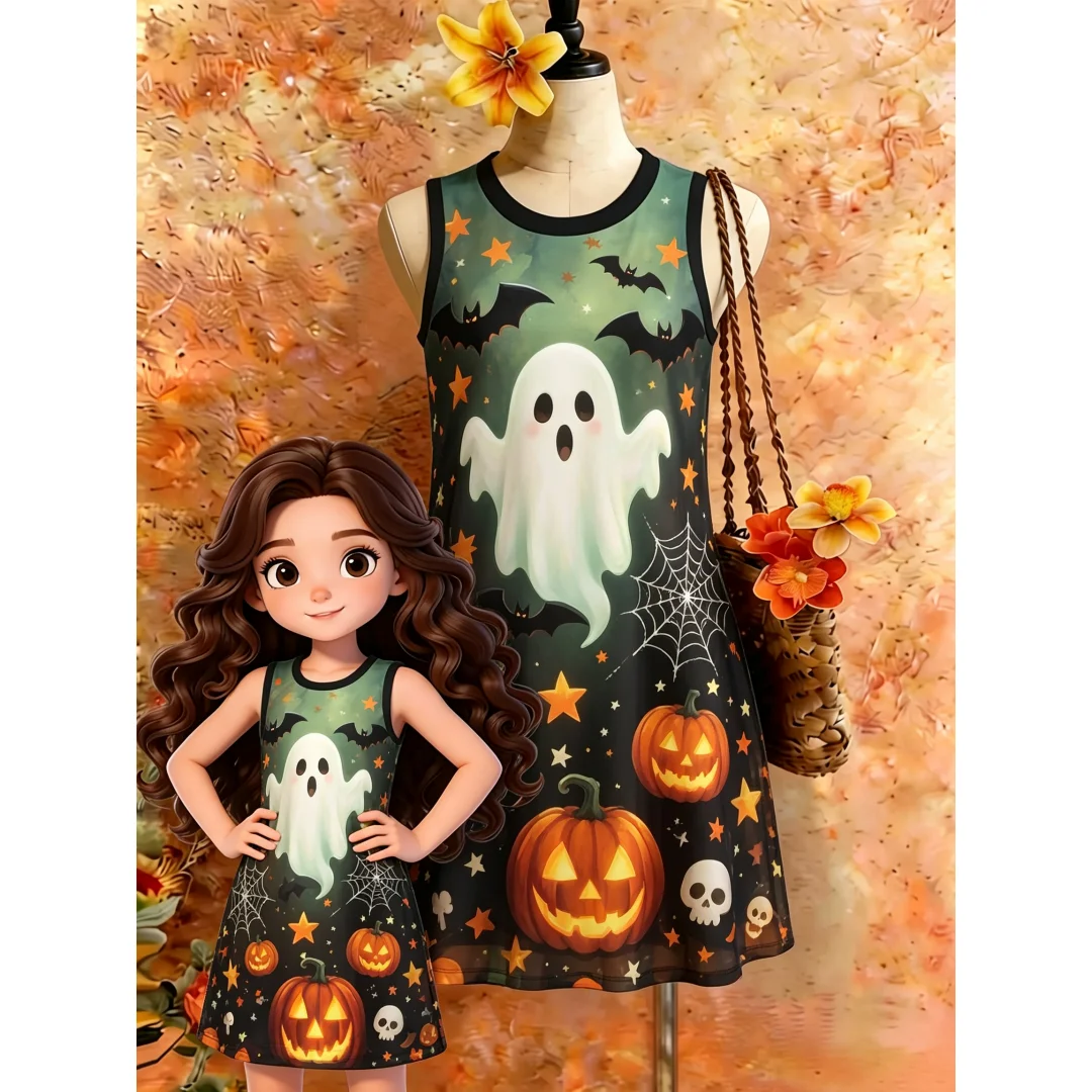 Cute Girls Sleeveless Swing Dress Black Cat Witch Hat Pumpkin 3D Print Spooky Halloween Outfit for Party Festival Daily Wear