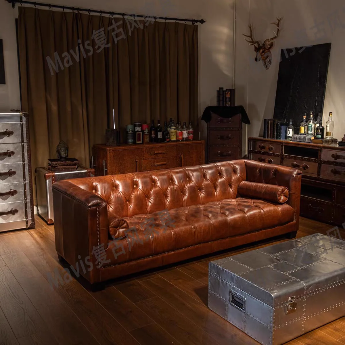 Sofá Bella clásico de cuero encerado vintage, sofá plegable color whisky, sofá Chesterfield de mediados de siglo para sala de cigarros
