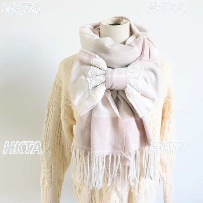 

Розовый шарф с бантом в японском стиле, шаль для женщин с кисточками, милые мягкие кружевные шарфы в стиле Лолиты, милые клетчатые шарфы, утеплитель для шеи, Лолита для девочек