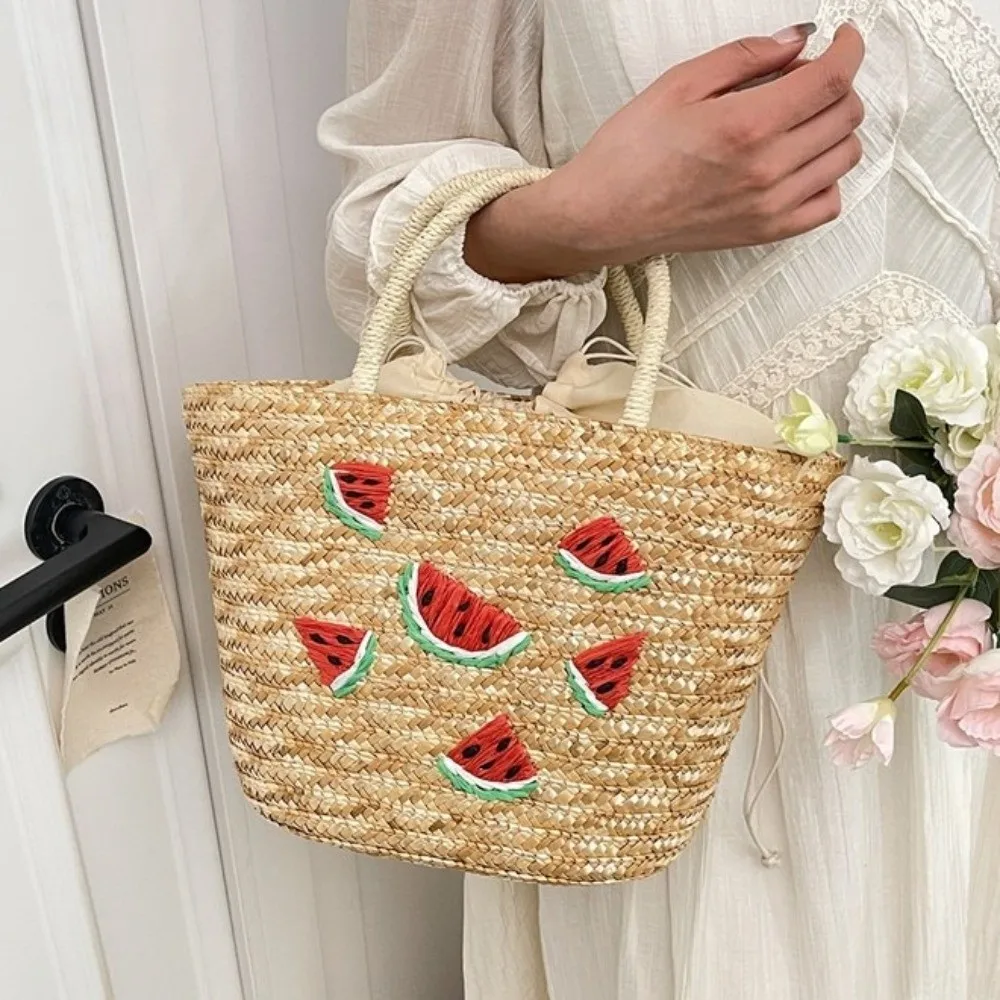 

Embroidery String Straw Tote Bags Coconut Tree Design Sweet Casual Woven Handbags Bohemian Style New Design Bucket Bag