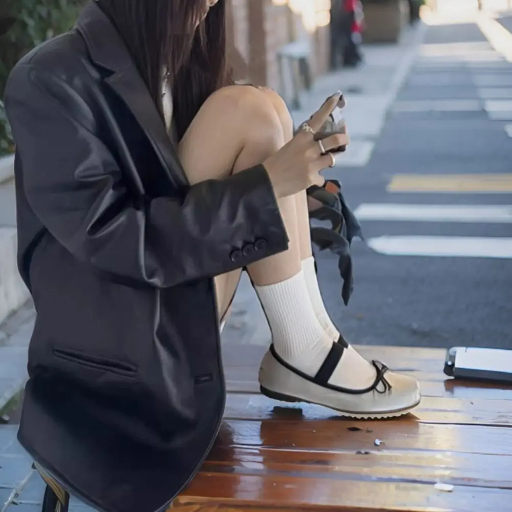 الحلو التلبيب طوق سترة جلدية المرأة ملابس خارجية الكورية شيك البدلة سترة جلدية ريترو فضفاض خمر بولي Coats معاطف الشارع الشهير #2