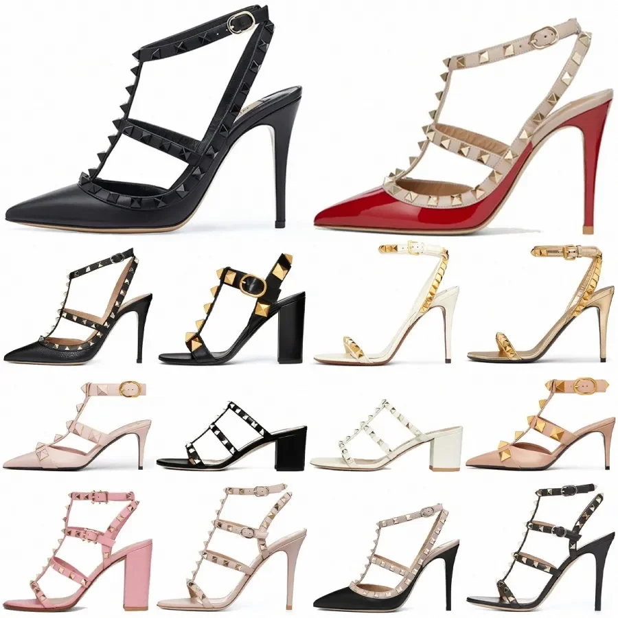 Sandalias de tacón alto de 2 tiras con remaches, zapatos de vestir, zapatos de San Valentín, de diseñador, con punta puntiaguda, de charol, para mujer, con tachuelas y tiras