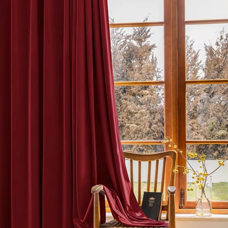 European Luxury Bedroom Blackout Velvet Curtains, High-End Red Velvet Fabric Insulation, Noise Reduction, Living Room