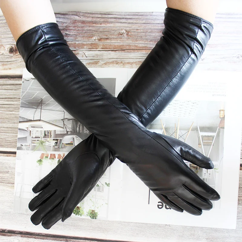 Long Sheepskin Leather Gloves Women\'s Fashion Color Velvet Lining Autumn and Winter Windproof and Warm Finger Gloves