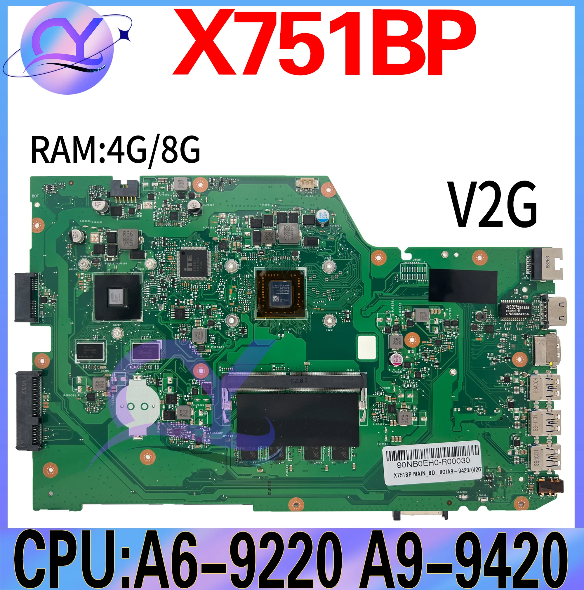 X751BP Mainboard For ASUS VIVOBOOK X751B Laptop Motherboard With CPU A6-9220 A9-9440 4GB/8GB 100% Test Well