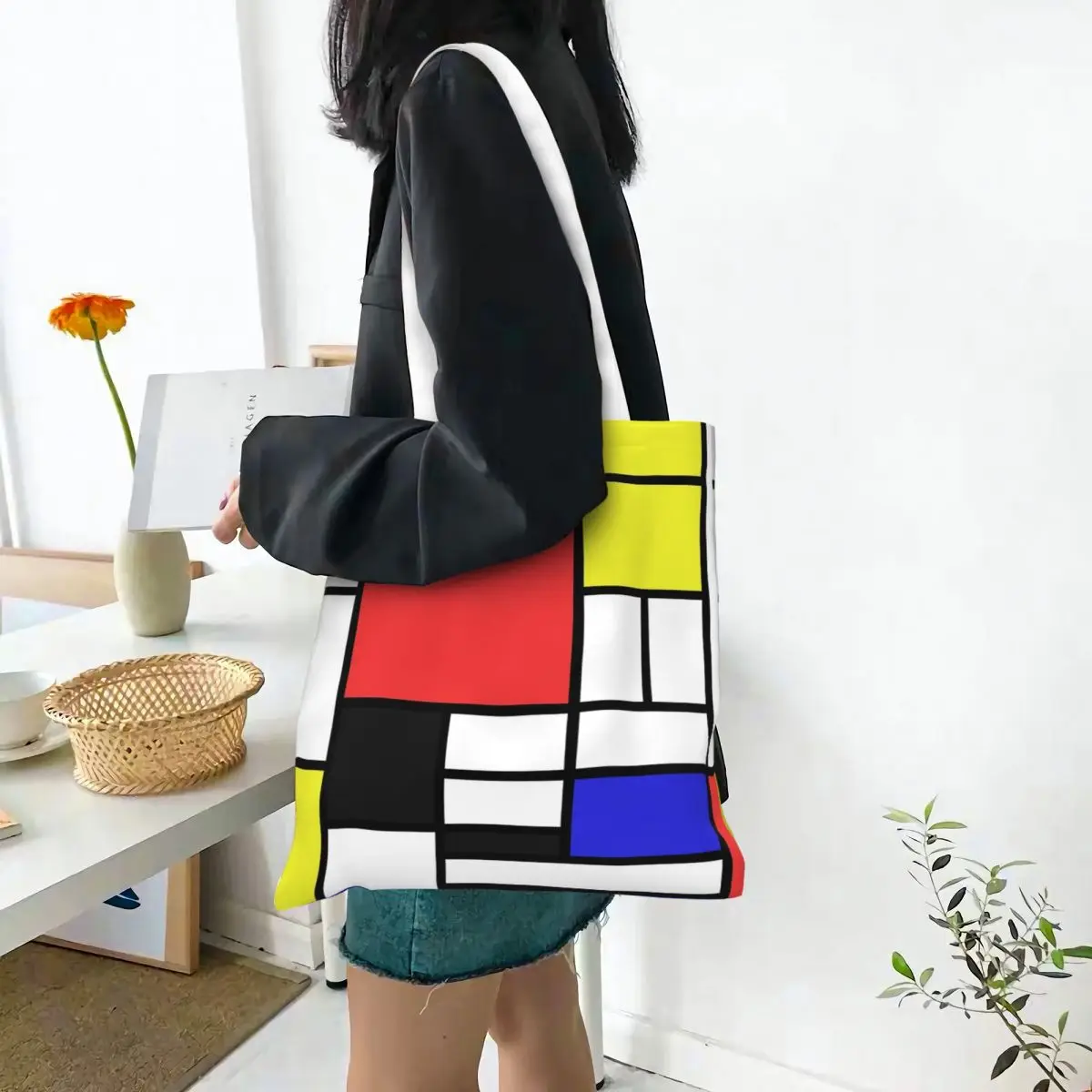 Mondrian Shopping Bags Canvas The Tote Bag Reusable for Women Shoulder Tote Travel Handbag