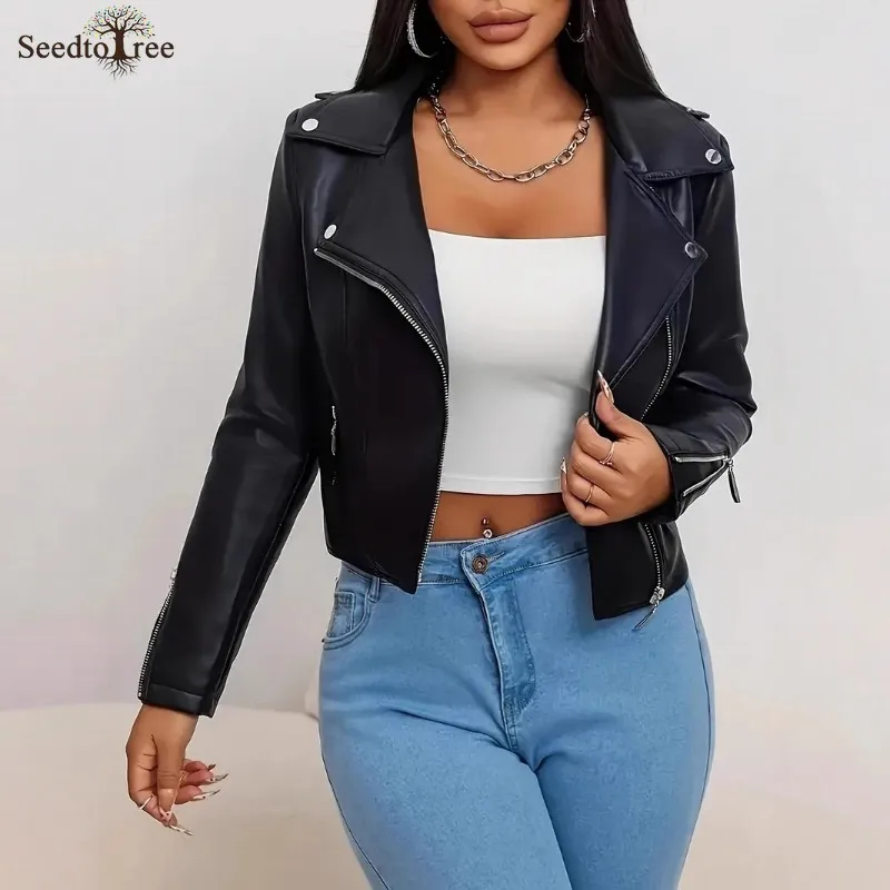 

Women's PU Leather Jackets Autumn and Winter Zipper Coats Long Sleeved Moto Biker Jacket