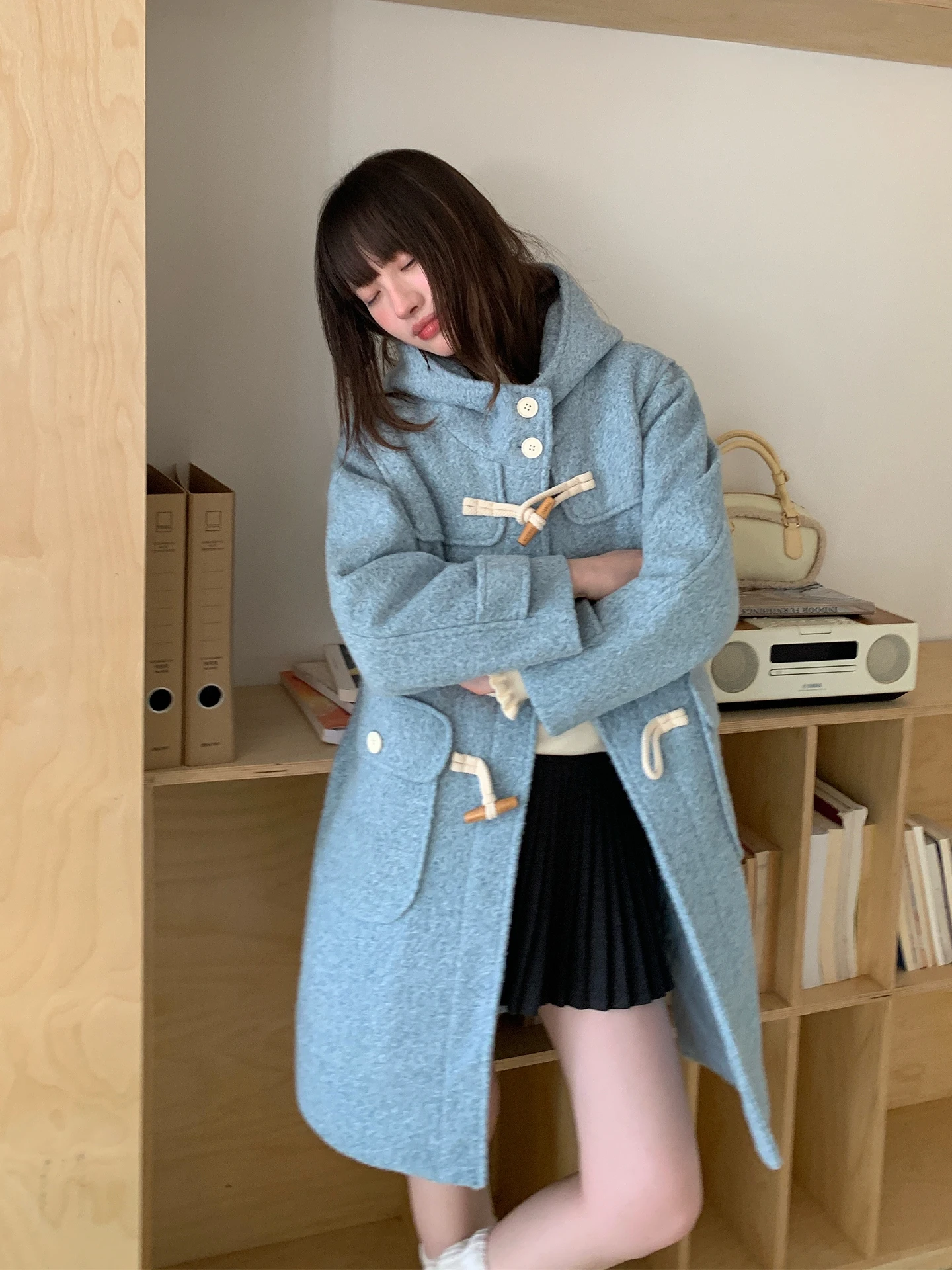 

Tokyo Annual Record JK Autumn Winter Blue Woolen Coat Women's Small Size Mid-Length Woolen Coat Warmth Button Sle Outerwear