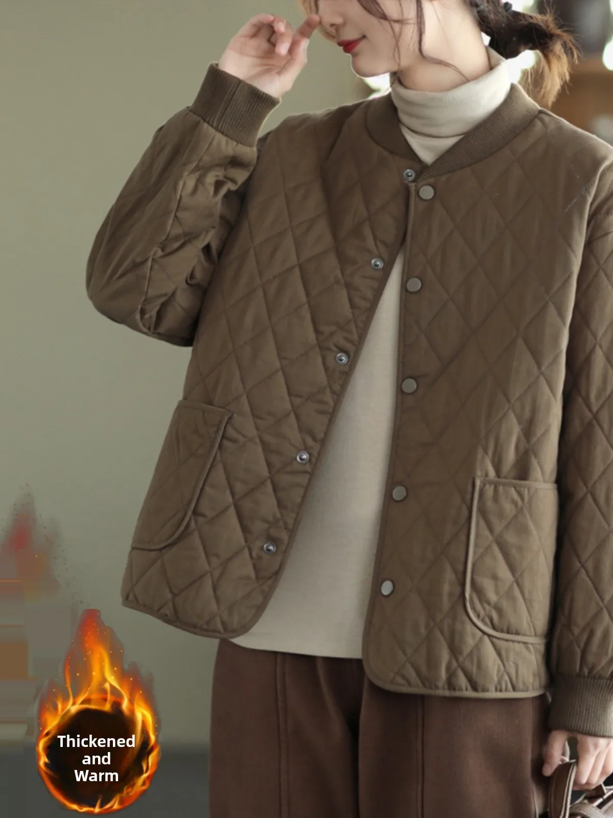 Thickened Warm Retro Loose Cotton Jacket Small Quilted Coat Diamond Pattern Korean Style Long Sleeve Stand Collar Coat