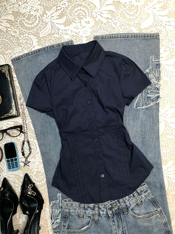 Originele diepblauwe V-ne ort Sve irt dames zomer vintage vintage Sle katoenmix recht gesneden woon-werkverkeer Sle irt