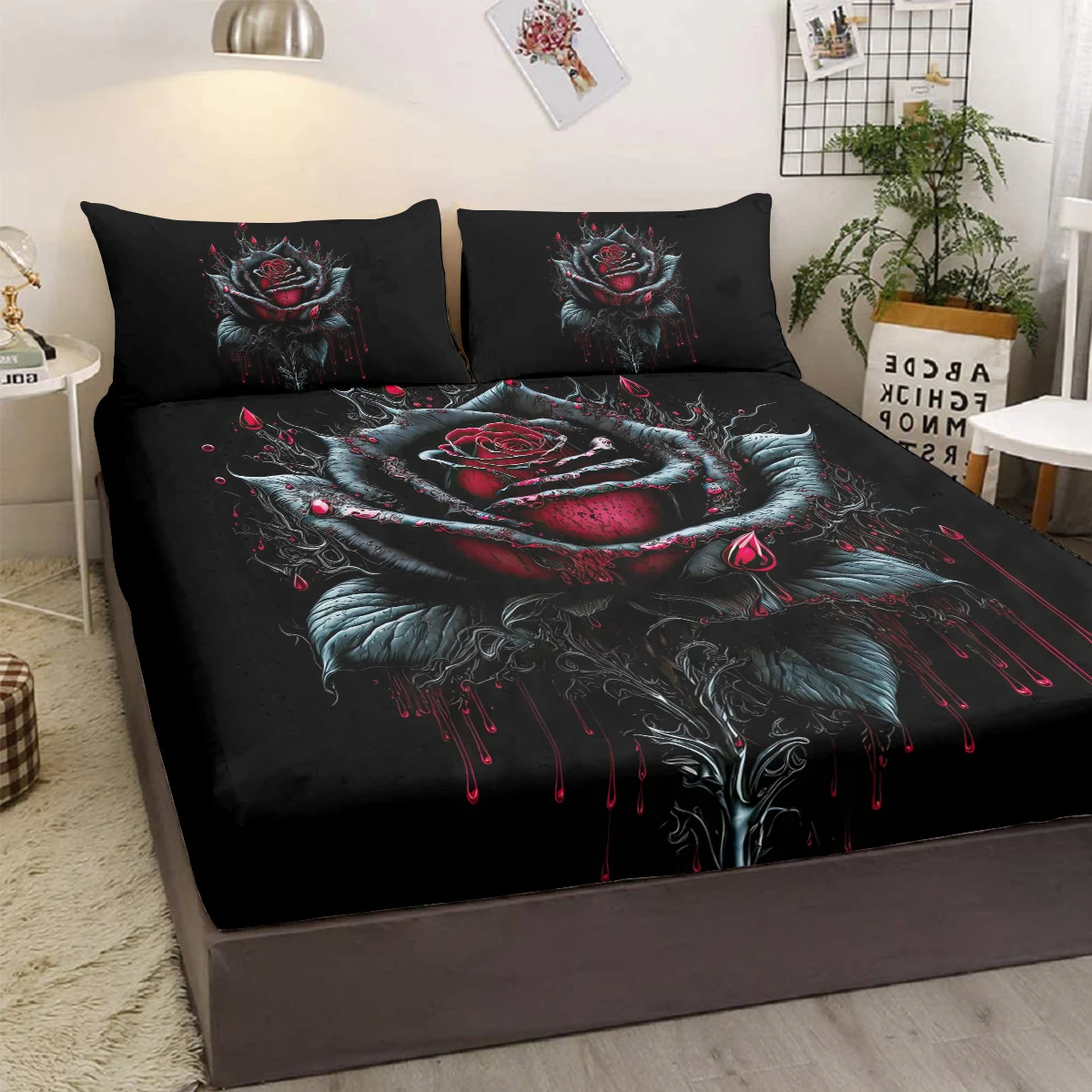 3D Black Red Rose Romantic Flowers Fitted Sheet Blood Ink Pattern Bedding Set 3 Piece Fitted Sheet Sets with 2 Pillowcases