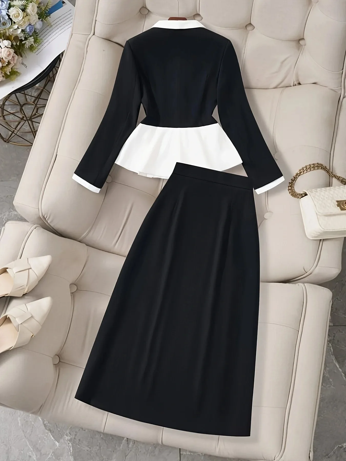 Women's Ruffled Color-Block Blazer Skirt Set French Niche Design Fashionable 2026 Style