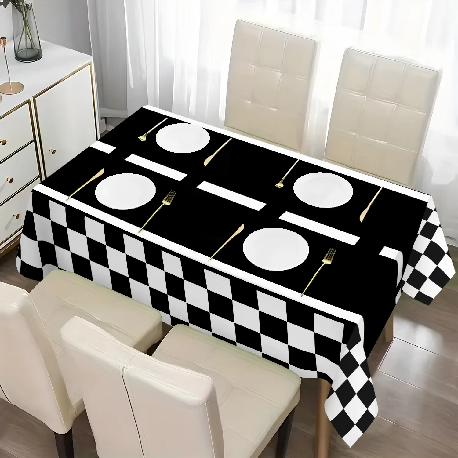 One piece of minimalist style polyester tablecloth with black and white check pattern