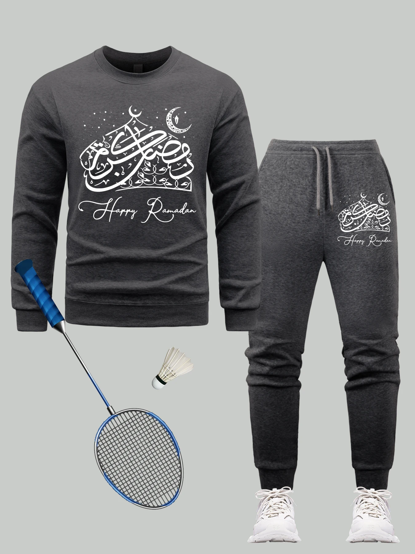 

Happy Ramadan Moon Print Men Sweatshirt Set Warm Multicolor Sportswear Fleece Loose Male Pullovers Hip Hop Autumn Sweatpants