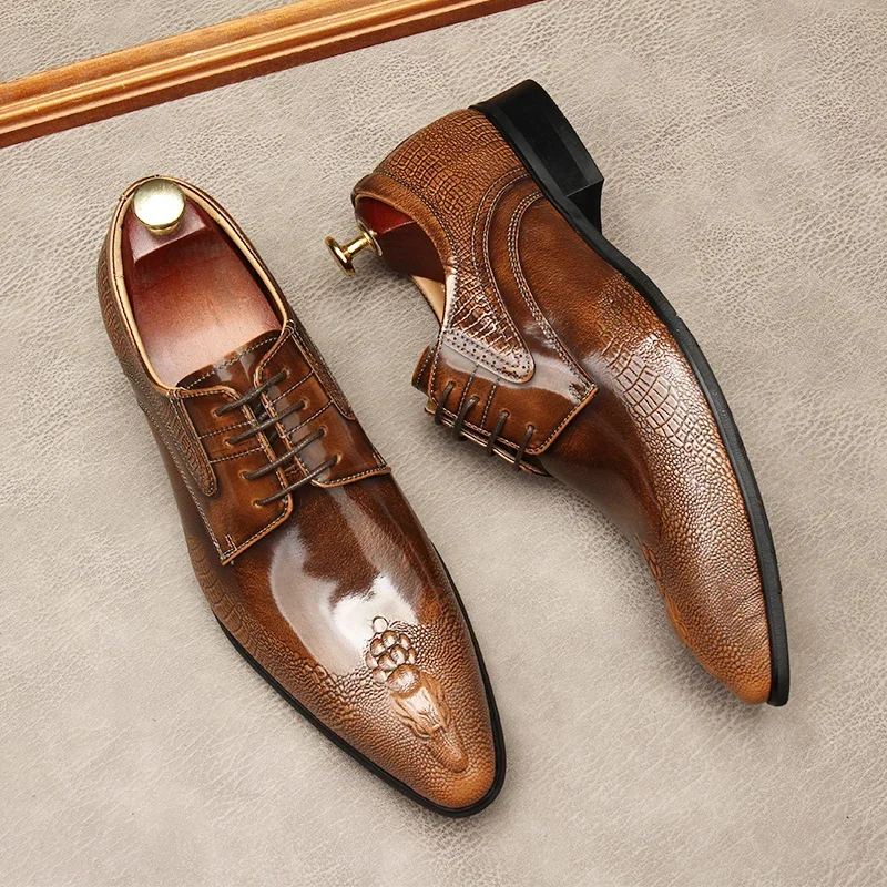 Luxury Patent Leather Mens Dress Shoes Fashion Crocodile Pattern Handmade Genuine Leather British Style Wedding Party Shoes Man