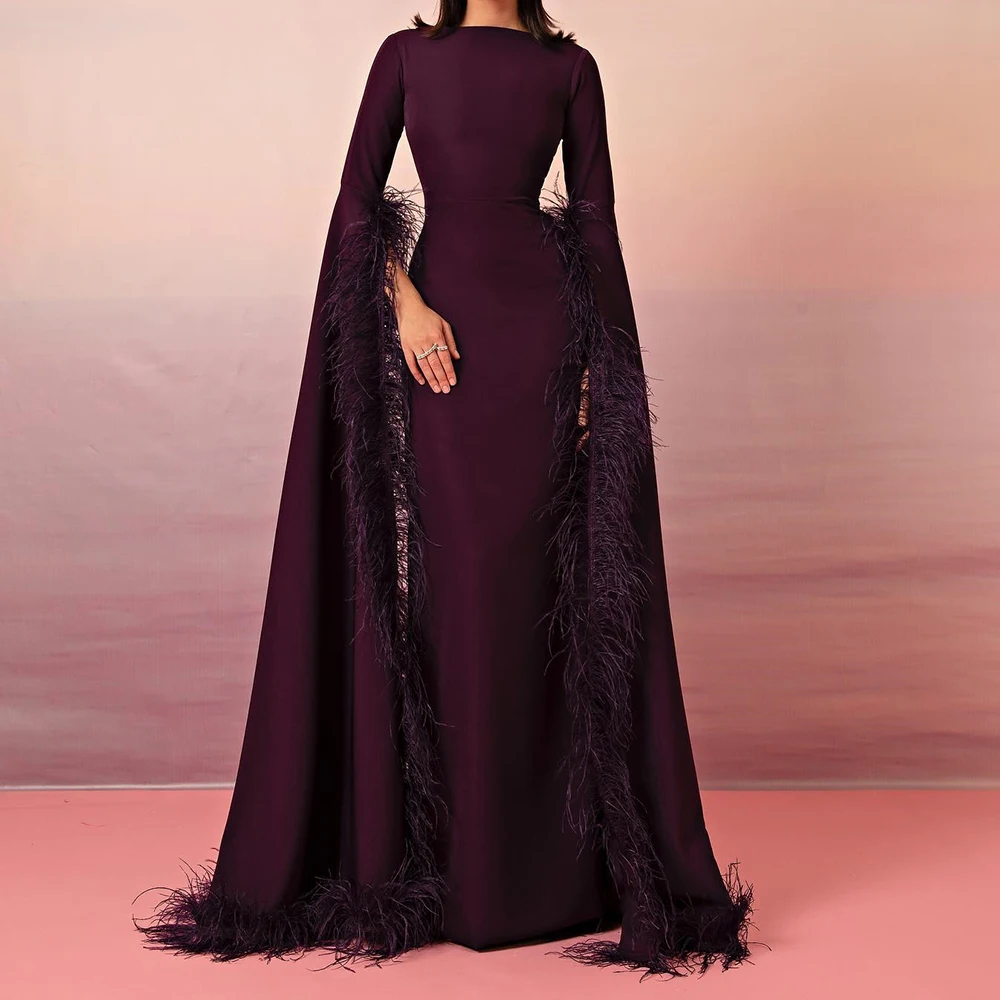 

Customized Fashion Straight Floor Length Crew Neck Jersey Long Sleeves Feathers Evening Dress Elegant vestidos para mujer