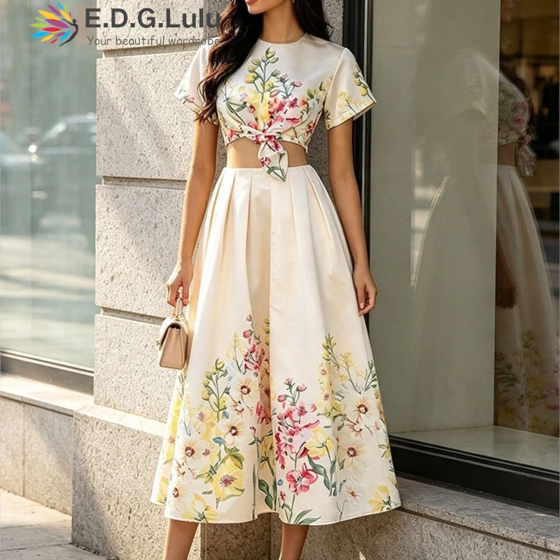 EDGLuLu 2 Pieces Set For Woman Round Neck Short Sleeved Lace-Up Waist Revealing Top+High Waisted Long Skirt Satin Suit 0818