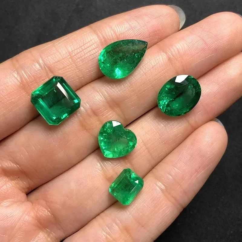 tabHand Cutting Lab Grown Zambian Emeralds Hydrothermal Variou Shape Selectable Certificate with Cracks Inclusions Inside