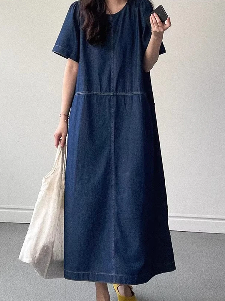 Vestido jeans chique coreano, gola redonda, fio brilhante, solto, casual, bolso traseiro, manga curta, estilo retrô, verão, 2024