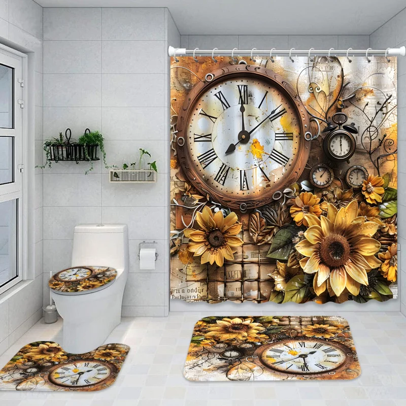 Set of 1/4 pieces with vintage sunflowers for a shower curtain, including a watch design shower curtain, water dic