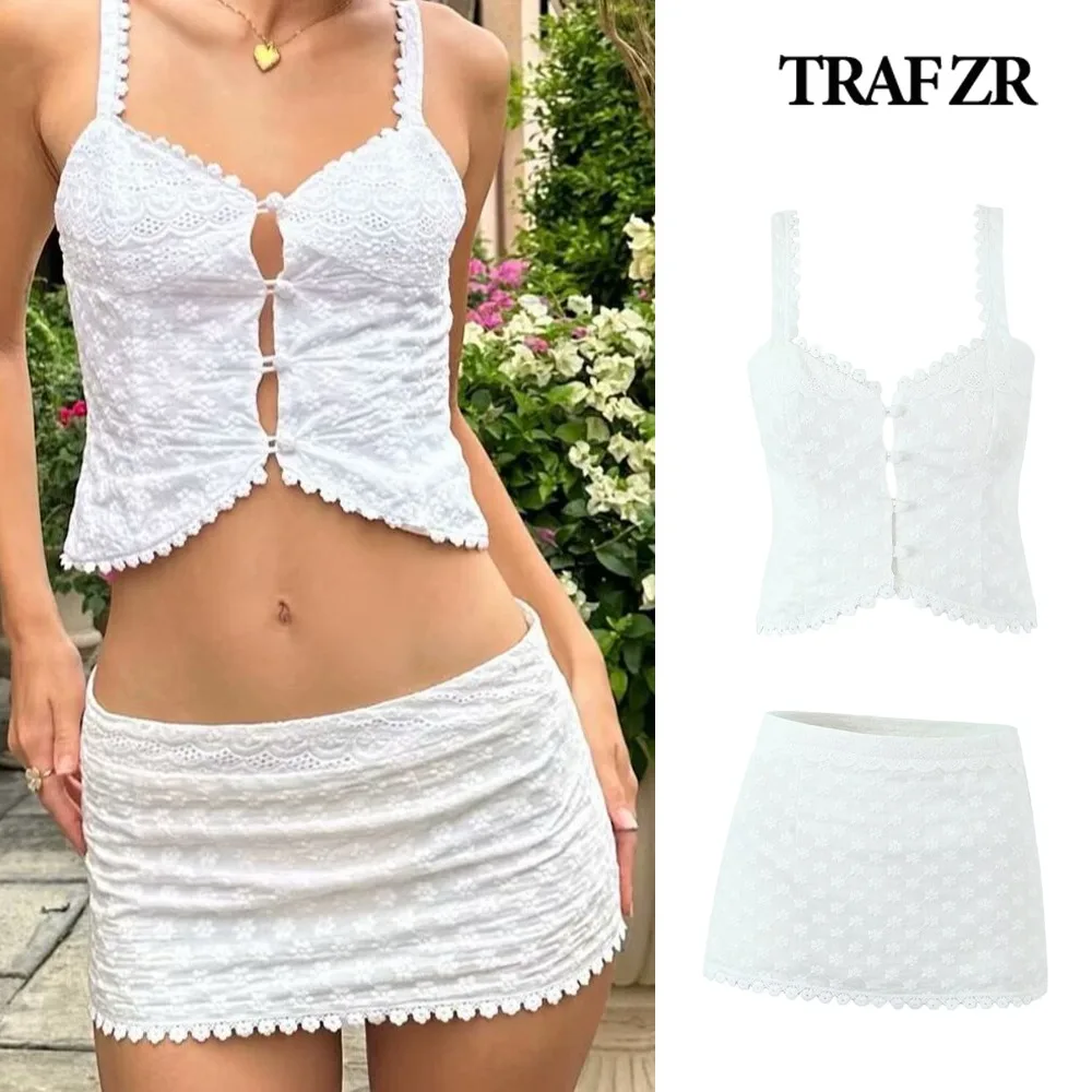 TRAF ZR Vacation Outfits 2-piece Dress Sets Lace Trims Camisole Top Tonal Btton Front Open + Mini Straight Skirt Side Hidden Zip