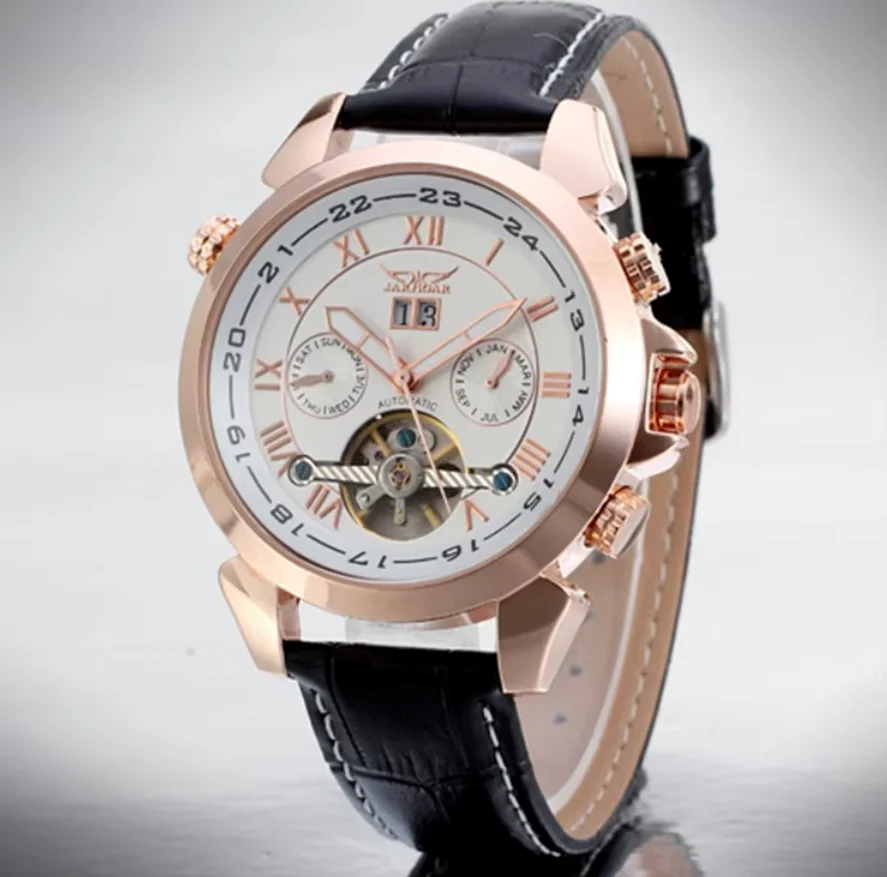 

Механические часы JARAGAR 2016, новинка Reloj Skeleton с автоматической датой и автоподзаводом, розовый золотой корпус, наручные часы, классические модные кожаные часы Montre