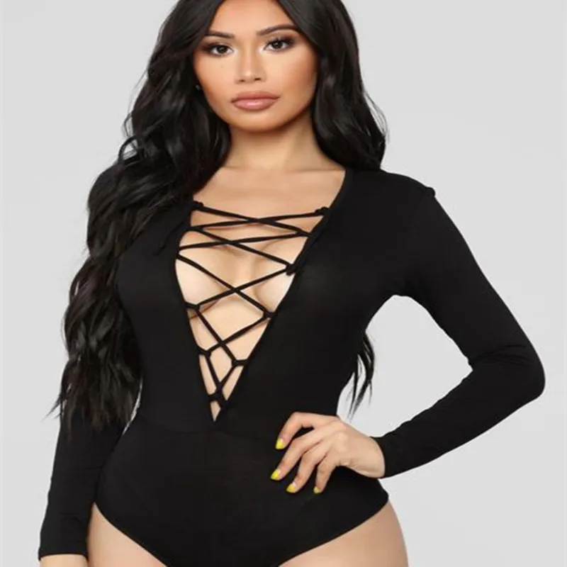  Fashion Women's Summer New Solid Color Round Neck Short-sleeved Chest Cross Hollow Sexy One-piece Women Bodysuits Bandage