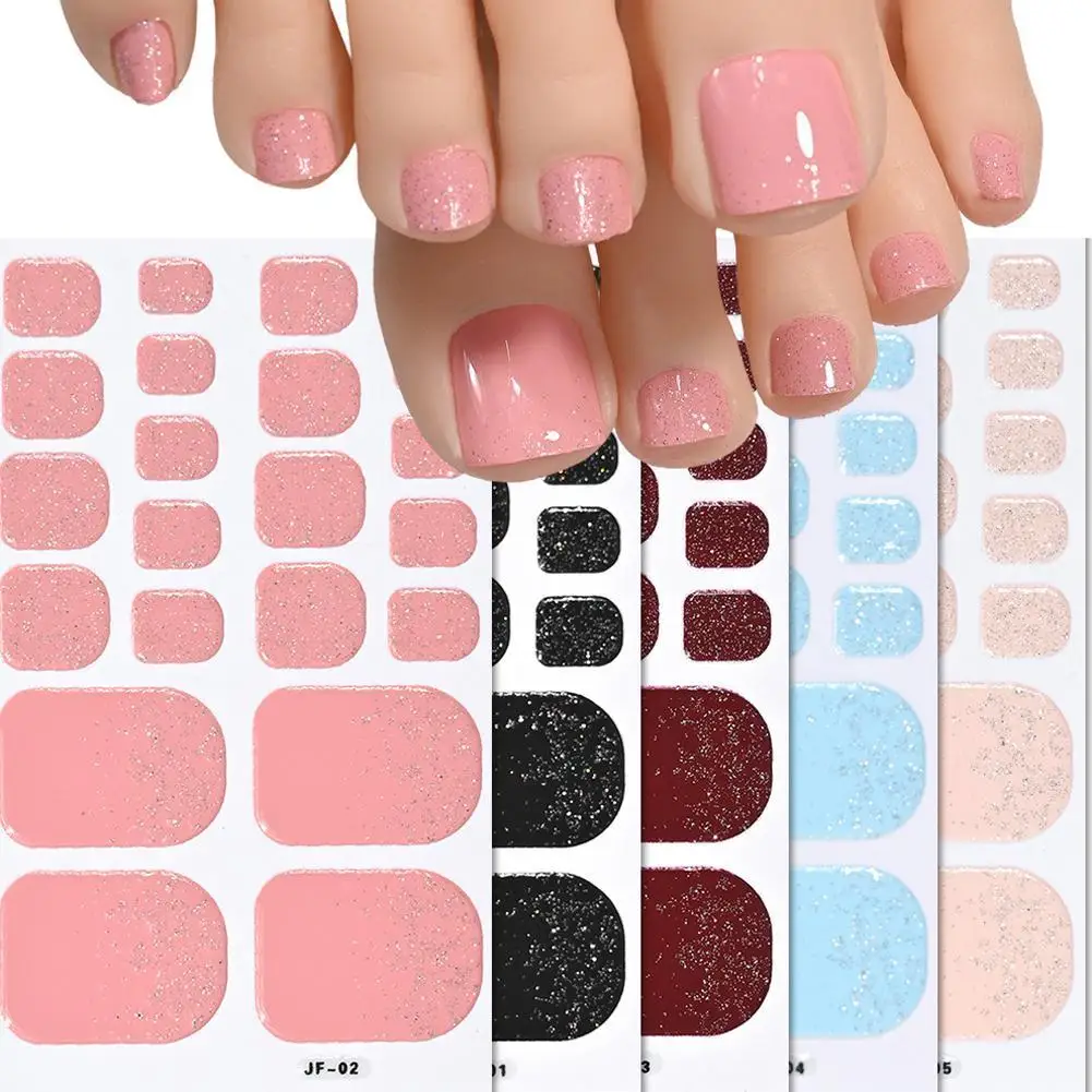 

22tips Solid Bake Free Gel Toe Nail Strips Naked Color Summer Glitter Toe Nail Stickers Full Cover Nail Wraps For Women DIY Foot