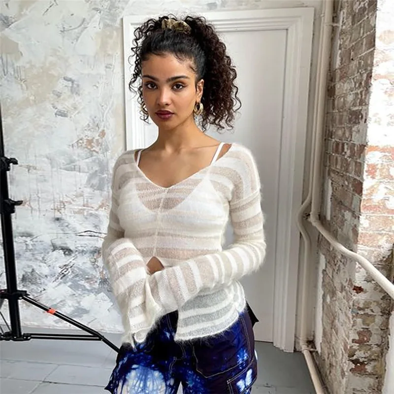 Knitted Sexy Sweater Tops Striped Y2K Fashion Sweatshirts Streetswear 2023 Winter Fall Clothes Women Girls Mesh Sheer Knit Tops