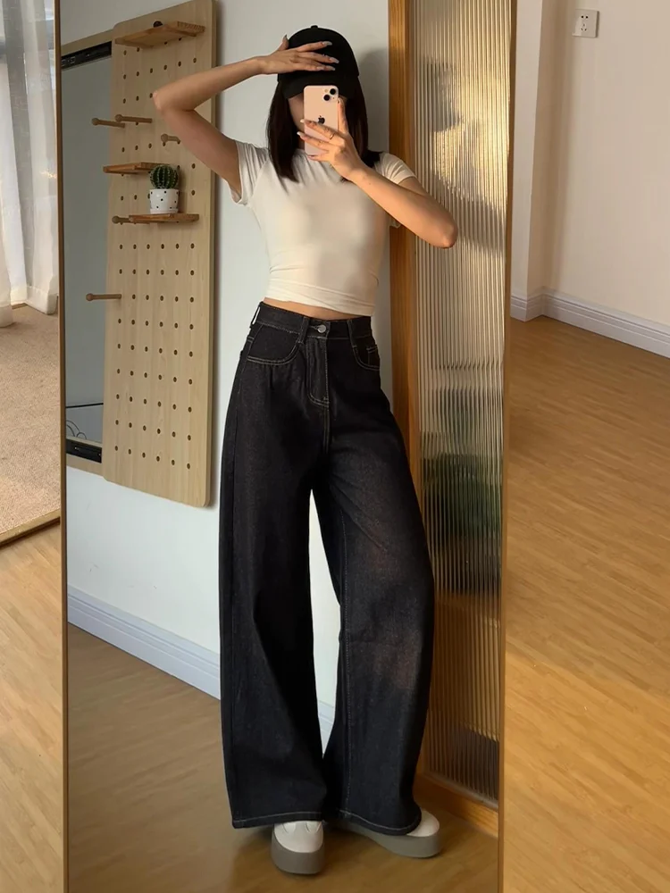 

Джинсы женские больших размеров, винтажные, темно-синие, с эффектом потертости, свободного прямого кроя, широкие, длинные брюки, с высокой талией, повседневные, из денима