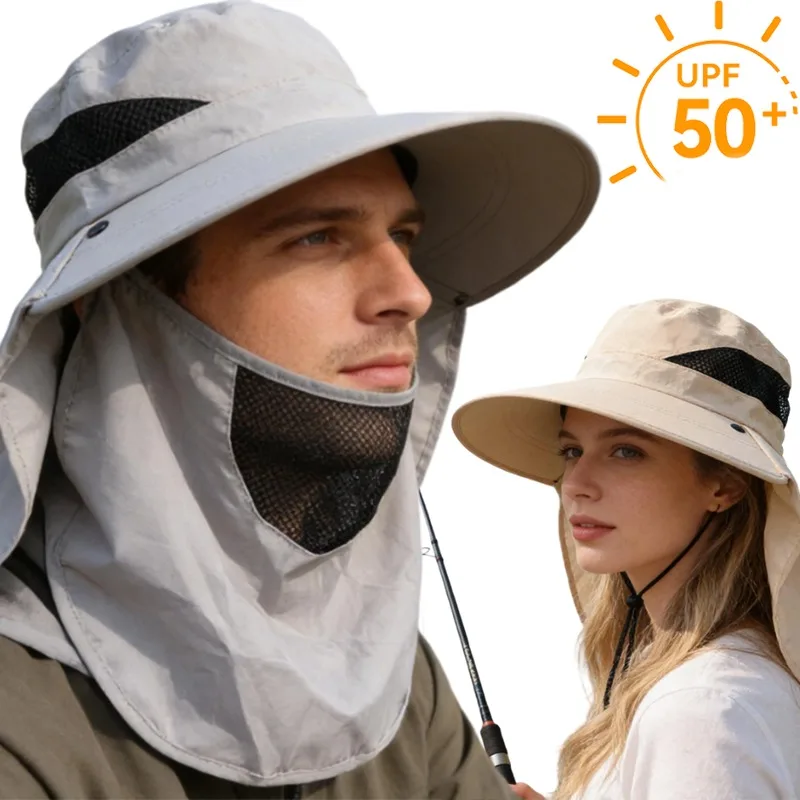 3-in-1 Sonnenhut mit Abnehmbarer Gesichtsmaske und Nackenschutz, Breite Krempe, Atmungsaktiv, Schnelltrocknend, Angelkappe für Männer und Frauen, Wandern, Camping, Radfahren
