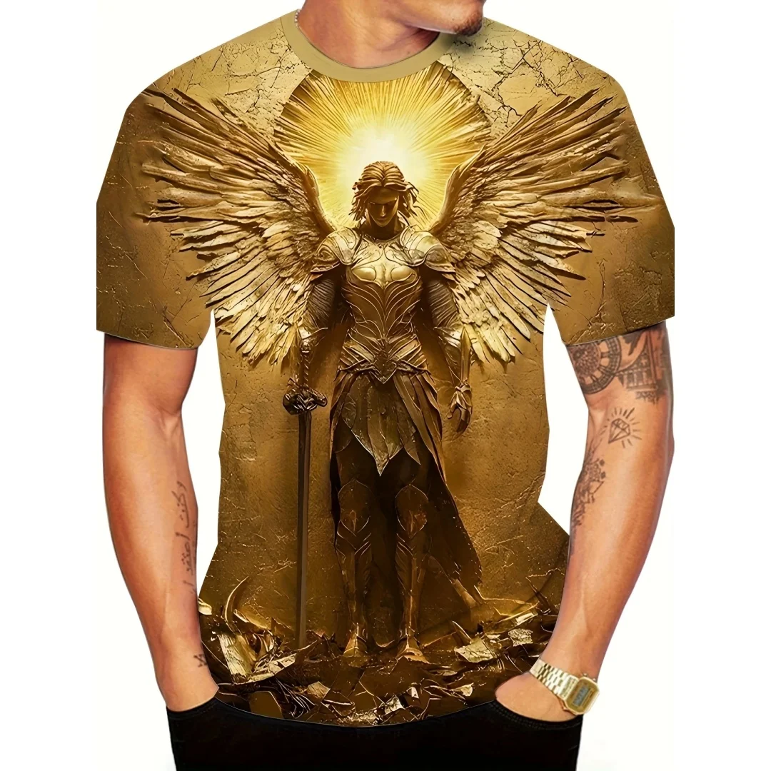 Men's Archangel Saint Michael T-Shirt 3D Full Print Religious Warrior Angel Pattern T-Shirt Christian Faith Short Sleeved Top view 3