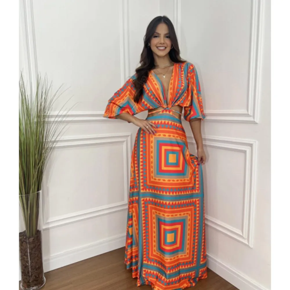 Shionable cor-bloqueada morcego manga 5 quartos vestido impresso feminino sexy recorte exposto cintura gravata feminina festa profundo decote em v vestido