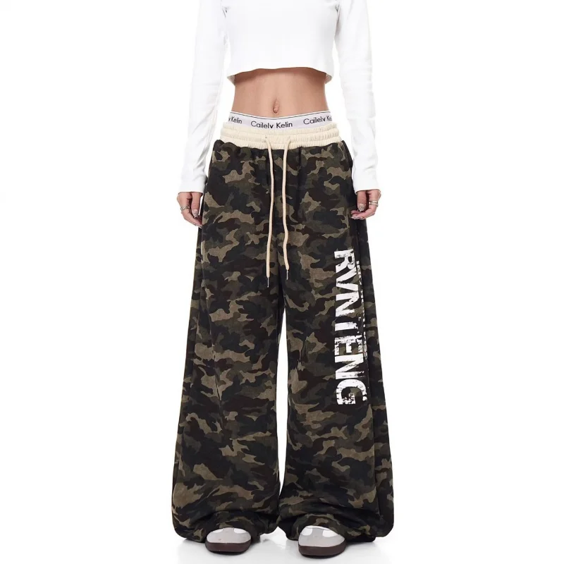 

American Retro Letter Print Camouflage Casual Pants for Women Loose Straight Spliced Waistband Sports Long Pants