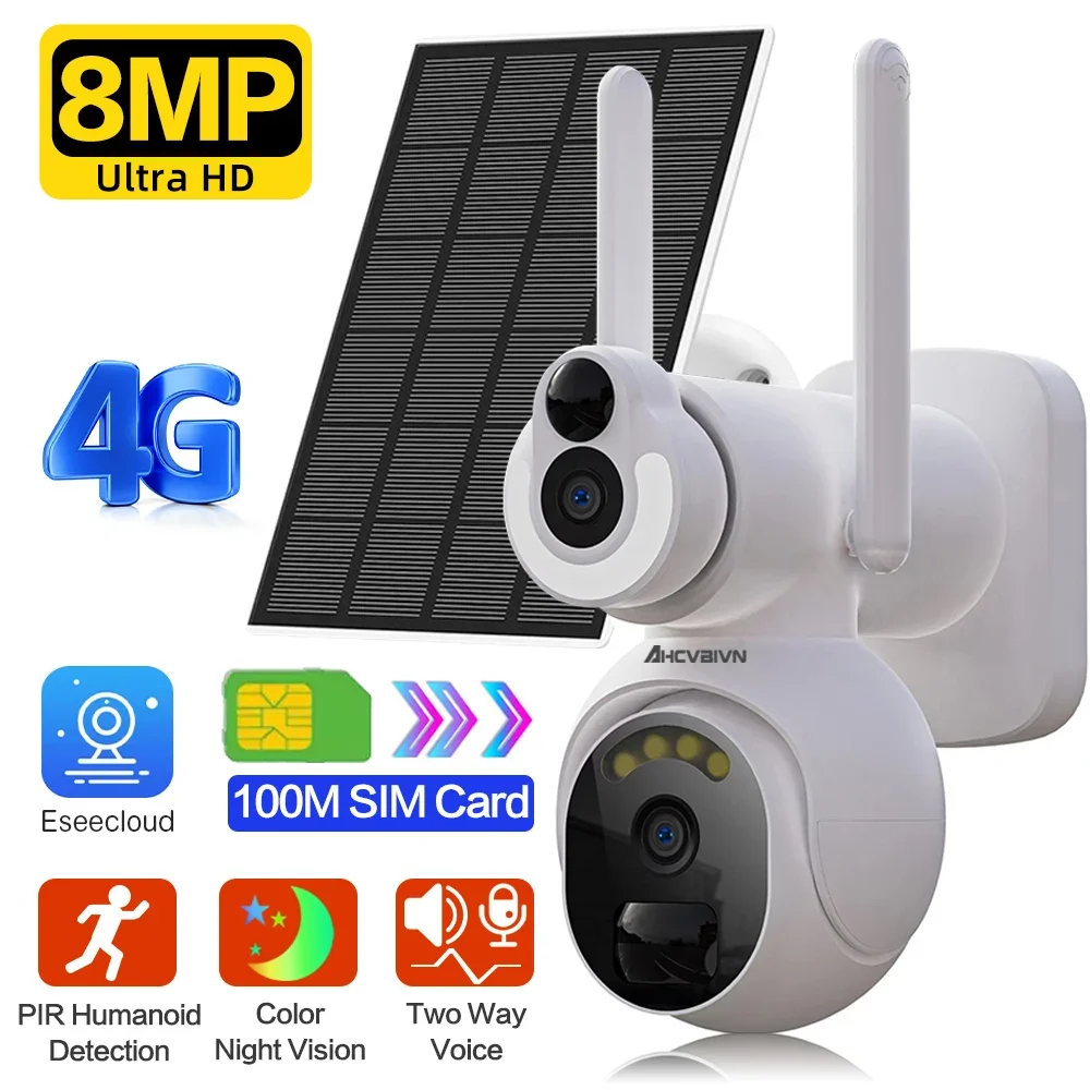 Free Gift 4G SIM Card Solar PTZ Security Cameras Wireless Outdoor 4K Video Surveillance Color Night Vision Auto Human Tracking