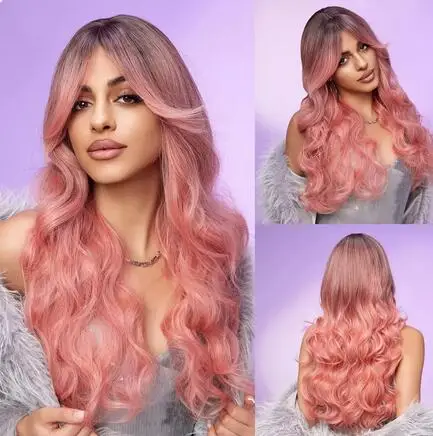 

Long Body Wavy Wigs with Bangs Pink Ombre Synthetic Wigs for Women Dark Roots Cosplay Natural Hair Wigs Heat Resistant Fiber