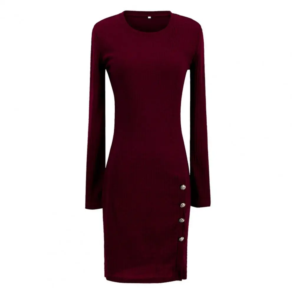 

Sexy Charming Dress Elegant Ribbed Knitted Dress Collection Women's Autumn Bodycon Dresses with Buttons for Office for Slim